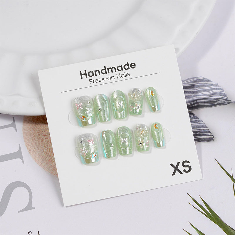 Mint Floral Press-On Nails