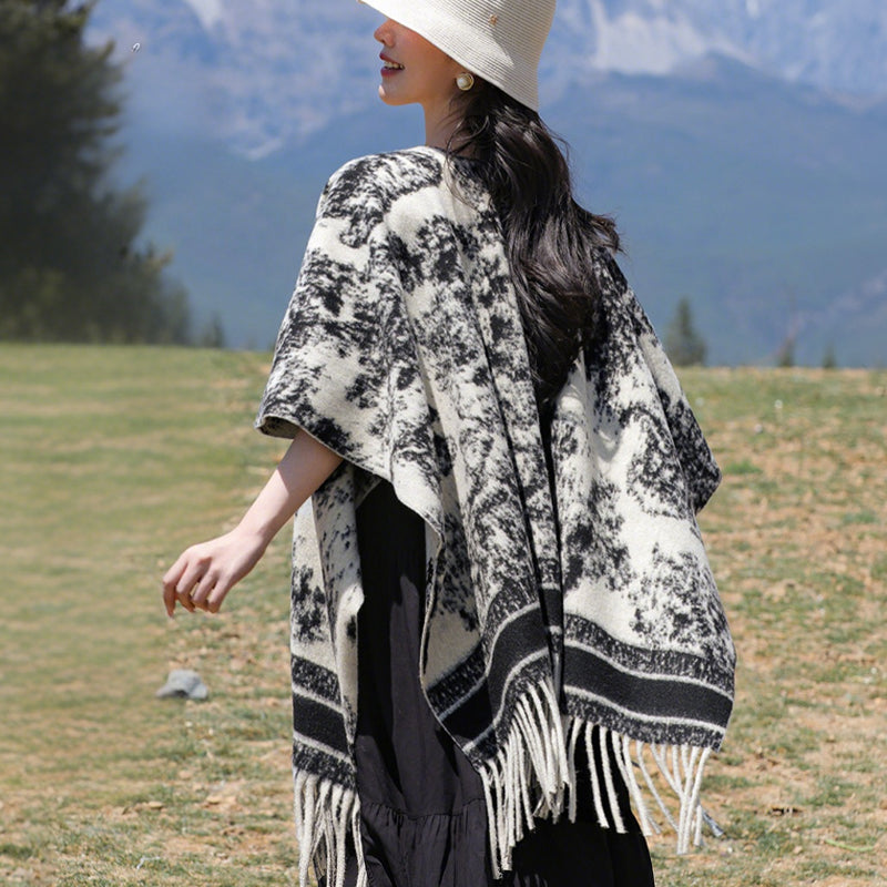 Ink Art Imitation Cashmere Poncho