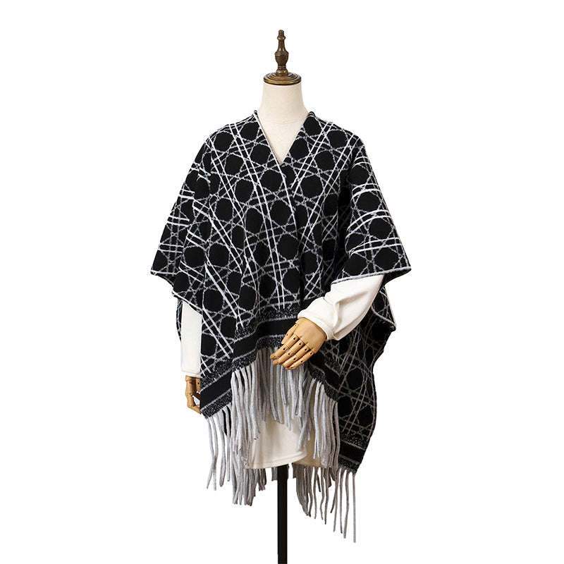 Geometric Fringe Poncho Scarf