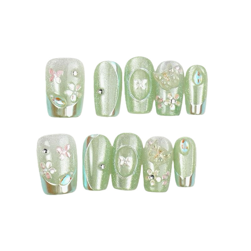 Mint Floral Press-On Nails